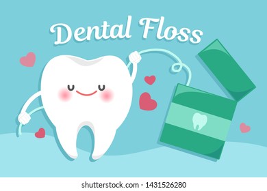 cartoon tooth use floss clean itself on green background