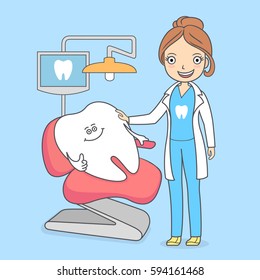 Cartoon tooth visiting a dental office. Tooth sitting in a dental chair and a cute dentist woman standing near. Illustration about treating teeth for kids.