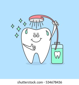 Cartoon tooth washes with a mouthwash. Teeth care and hygiene icon. Dental vector illustration for kids. Molar character taking shower, rinse mouth.