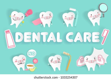 cartoon tooth wear brace with dental care on the green background