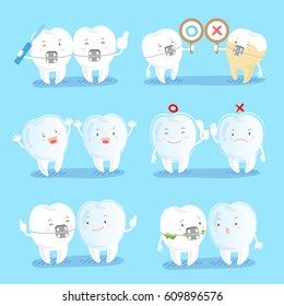 cartoon tooth wear brace with different gesture on blue background