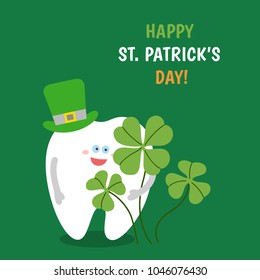 Cartoon tooth wearing a hat holds a four-leaved shamrock on green background. Happy St. Patrick's Day! Greeting card from dentistry. Symbol of luck and happiness.