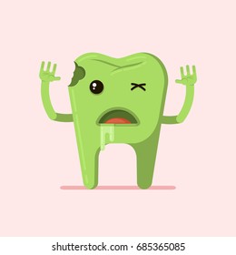 Cartoon tooth zombie with decay and caries. Dental illustration.  Flat illustration