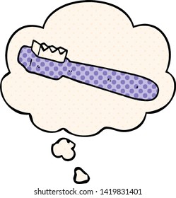 cartoon toothbrush with thought bubble in comic book style
