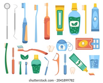 Cartoon toothbrushes, dental hygiene and mouth cleaning tool. Flat mouthwash, floss, toothpaste and dentist equipment. Tooth care vector set. Medical oral healthcare objects, teeth treatment