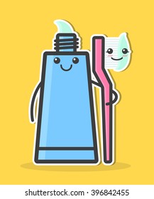 Cartoon toothpaste and toothbrush. Teeth hygiene concept. Funny vector illustration