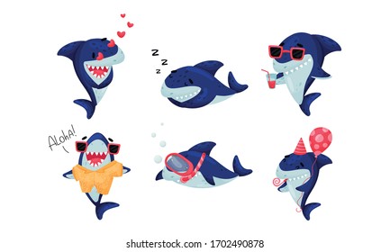 Cartoon Toothy Shark Snorkeling and Drinking Cocktail Vector Set