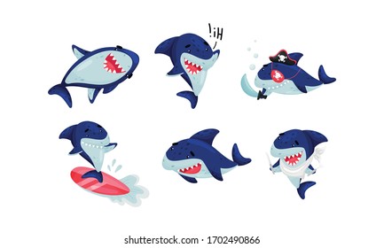 Cartoon Toothy Shark Surfboarding and Greeting Vector Set