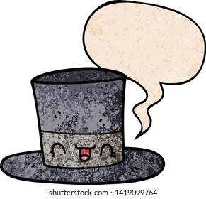 cartoon top hat with speech bubble in retro texture style