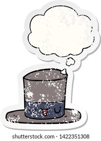 cartoon top hat with thought bubble as a distressed worn sticker