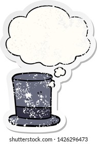 caricatura sobre sombrero con burbuja de pensamiento como pegatina gastada angustiada