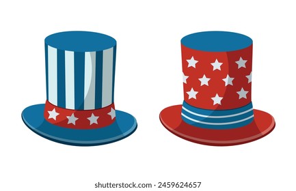 Cartoon top hats with American flag colors. Clipart for USA Independence Day. Isolated on white background