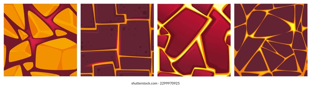 Caricatura en la parte superior de los fondos de lava líquida fluye con piedras o magma naranja caliente en grietas de tierra para el juego. Patrones vectores sin fisuras de erupción volcánica, roca rocosa con plasma de resplandor dentro.