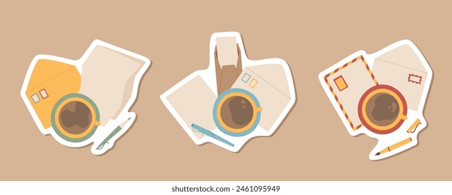 Cartoon-Top-View-leere Bastelbrief-Kompositionsaufkleber, flache handgeschriebene Post am Tisch mit Vorlage- und Stift-Kaffeeaufkleber, kreative Postkartendesign-Kollektion, handgemachte Postkartenabbildung,