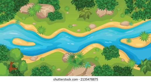 Cartoon top view river landscape with green trees, bushes and stones. Summer nature scene with forest and water stream vector illustration. Riverside with plants, wild environment scene