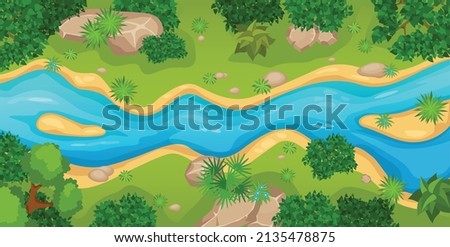 Cartoon top view river landscape with green trees, bushes and stones. Summer nature scene with forest and water stream vector illustration. Riverside with plants, wild environment scene