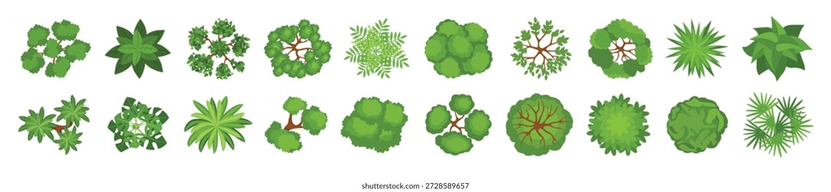 Cartoon top view trees, plants, bushes for landscaping design. Garden tree, bush, shrub, plant elements for landscape plan vector set. Different greenery for projects, maps and schemes