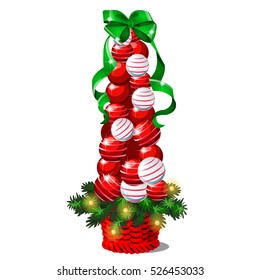 Cartoon topiary in the form of a cone Christmas tree with baubles and green ribbon bow. Sketch for greeting card, festive poster or party invitations.The attributes of Christmas and New year. Vector.