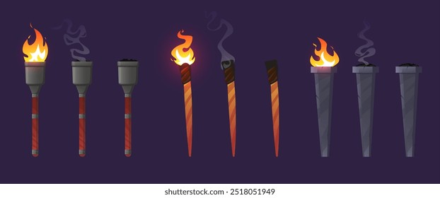 Animación de desvanecimiento de antorcha de dibujos animados. Lámparas de castillo medieval en llamas y extinguidas. Fuentes de luz antiguas con llama. Palos de madera humeantes. Viejos flambeaus ardientes. Juego