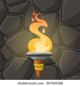 Cartoon torch with flame on stone wall background. Vector illustration.