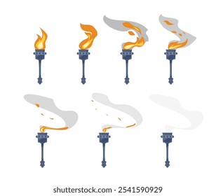 Cartoon torches set of small and big burning fire flames. Medieval torchlight degrees of fire extinction. Vector flat illustrations of portable illuminate with metal handle isolated