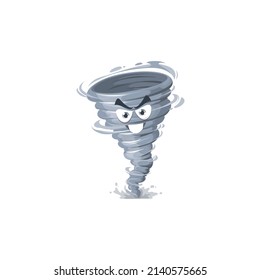Cartoon tornado character, storm or whirlwind twister, cyclone. Bad weather, storm or hurricane forecast, meteorology isolated vector icon. Funny tornado vortex or swirl personage