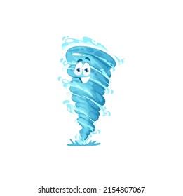 Cartoon tornado character, storm whirlwind, twister cyclone or hurricane with vector funny face. Weather cartoon character, cute wind cloud or typhoon emoji, comic tornado wind smile with eyes
