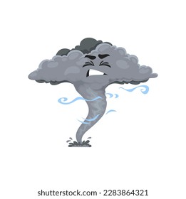 Caricatura de tornado, tormenta, torbellino, personaje de ciclón. Embudo vectorial con cara graciosa. Previsión meteorológica, elemento de diseño web, vórtice huracán, torbellino aislado o torbellino