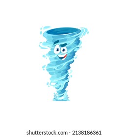 Cartoon tornado cheerful character. Storm, whirlwind twister or cyclone vector personage with blue water drops and smiling face. Hurricane or typhoon, thunderstorm weather forecast vector icon