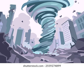 Cartoon tornado in city. Destroyed buildings and skyscrapers, hurricane destroys houses, twister storm, natural disaster, swirling windstorm, wind cataclysm landscape, vector concept