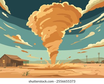 Cartoon tornado in desert. Whirlwind lifts sand, weather phenomenon, natural disaster and catastrophe, dusty storm, wind cyclone, thunderstorm cataclysm landscape, vector flat isolated concept