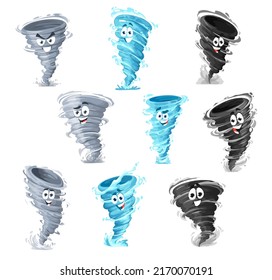 Mascotas de tornado de dibujos animados, ciclón de tormentas vectoriales, personajes meteorológicos vectoriales, emblema del club deportivo o mascota de la liga de equipos de tornados