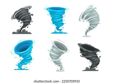 Tormenta de tornados de dibujos animados o torsión ciclónica, torbellino vectorial o embudo eólico. Tormenta de tornados de dibujos animados o tormenta de viento de tifones, torbellino de tormenta con torrente de aire vórtice de nubes ventosas