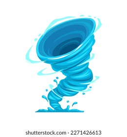 Tormenta de tornados de dibujos animados, huracán de ciclones o torbellino, embudo vectorial de viento. Tormenta rápida de tornado azul o tormenta de viento tifón, torbellino de tormenta de dibujos animados torrente de vorágine de aire