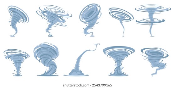 Cartoon Tornado. Verdrehte Windeffekte. Naturkatastrophen. Wetteranomalien. Gefährliche Hurrikane. Sturm mit Trichter. Aggressiver Wirbel. Klimaphänomen. Vektorgrafik