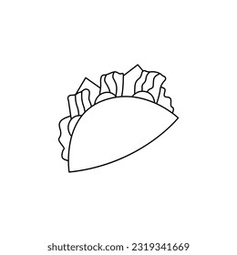 Cartoon tortilla fast food doodle. Outline tortilla wrap, street food concept, line art, sketch, template. Black and white icon. Hand drawn illustration isolated on white background.