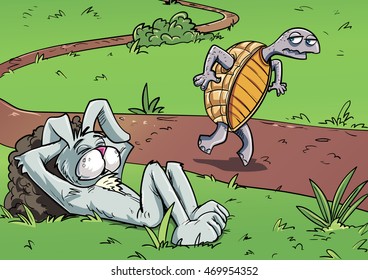 Cartoon Tortoise And Hare. Tortoise Sneaking Past Hare