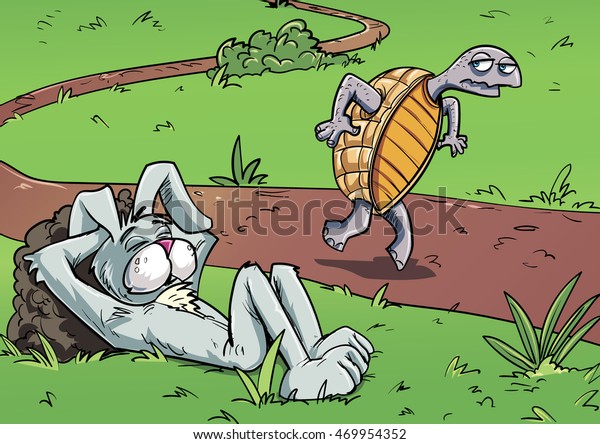 Cartoon\
tortoise and hare. Tortoise sneaking past\
hare