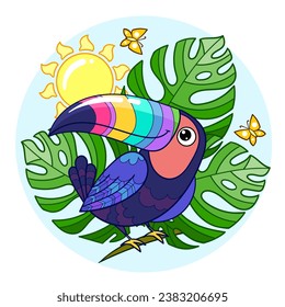 Cartoon Toucan unter Monstera Blätter. Für die Gestaltung von Ausdrucken, Poster, Aufklebern, Karten, Rätsel usw., Vektorgrafik