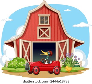 Cartoon toucan driving a classic car by a barn.