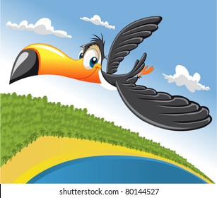 Cartoon toucan flying over beach in Brazil