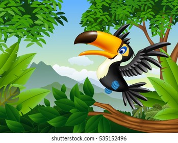 Cartoon toucan in the jungle