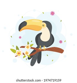 Cartoon toucan on the blossom tree. vector illustration 