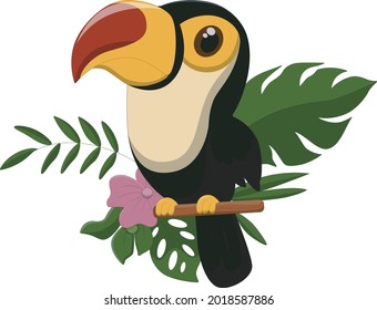 Cartoon toucan on tree branch