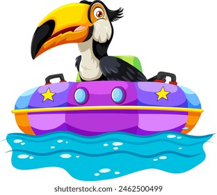 Cartoon toucan on a vibrant bumper boat in water