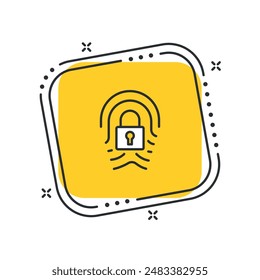 Cartoon touch id icon vector illustration. Fingerprint with lock on isolated yellow square background. Biometric identification sign concept.