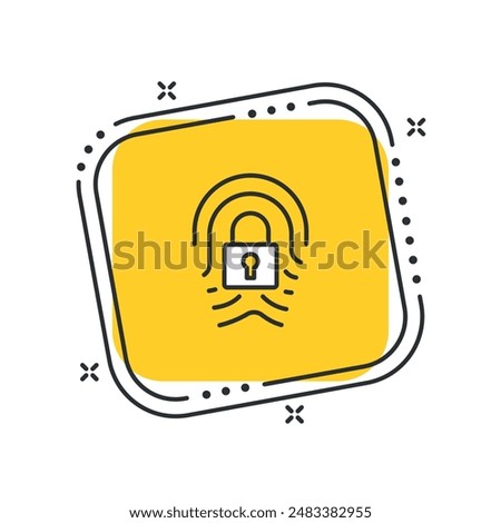 Cartoon touch id icon vector illustration. Fingerprint with lock on isolated yellow square background. Biometric identification sign concept.