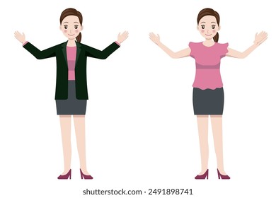 Cartoon touch, Japanese female businessman, speech, presentation, illustration set of poses with both hands raised.