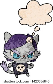 cartoon tough cat girl with thought bubble in grunge texture style