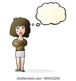cartoon tough woman with folded arms with thought bubble